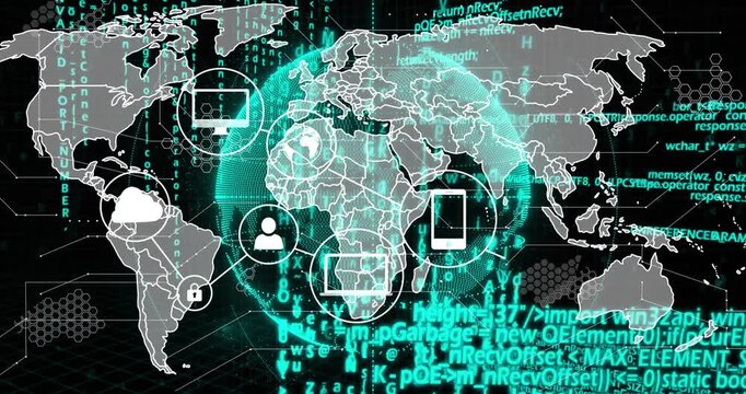 Matrix-style interface starting globe rotating and icons appearing, visualizing global network - Powered by Adobe