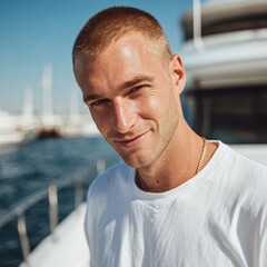 Confident young man smiling on luxury yacht on sunny summer day