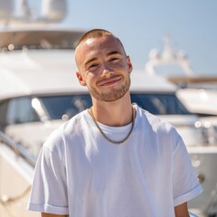 Young man with short haircut smiling confidently on deck of luxury yacht
