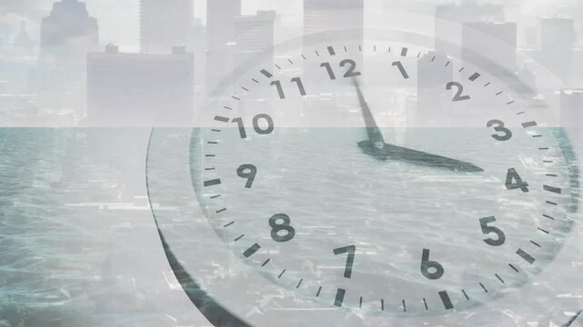 Upon initial tick, clock face starting hands rotating and showing time flow over coastal skyline