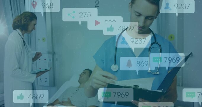 Medical nurse flipping chart writing notes causing icons floating around doctor explaining findings