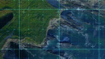 Teal grid overlay initiating scanning on coastline, shifting markers and mapping cliff edges - Powered by Adobe