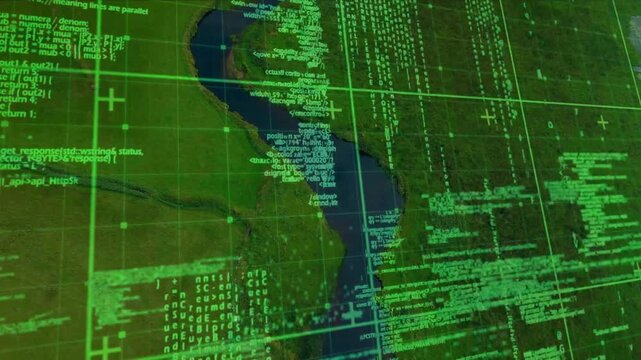 On map load digital grid framing code clusters and scrolling data visualizing river flow
