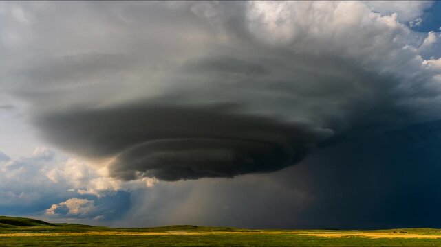 Powerful supercell rotating under dramatic cloud formation 