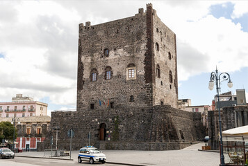 Architectural Sights of The Norman Castle (Castello Normanno) in Adrano, Sicily, Italy.