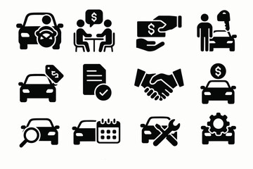Collection of icons representing car buying selling and service transactions