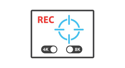 Fototapeta premium Recording device displaying 8k resolution and record function with a viewfinder for capturing high-quality videos and professional media creation.