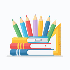 Fototapeta premium Stack of Books with Colorful Pencils and Ruler - Education Concept