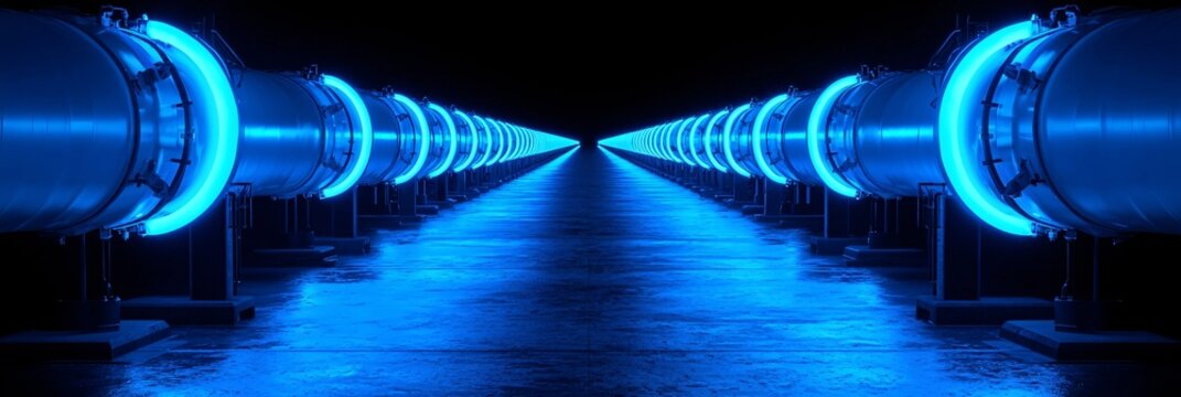 Conceptual visualization of global hydrogen infrastructure connecting renewable plants and refueling stations with glowing pipelines.