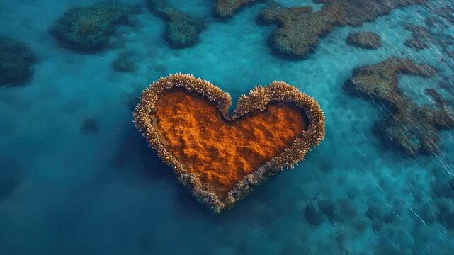 A heart shaped coral surrounded by blue ocean water, perfect for Valentine's Day or romantic themed designs
