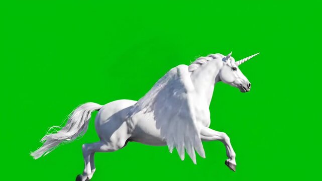 White Unicorn Pegasus Flying Green Screen Chroma Key 3D Animation Mythical Fantasy Creature