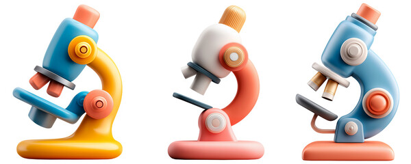 Set of Three Modern Pastel 3d Microscopes on Transparent Background