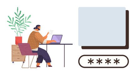Man seated at desk using laptop, entering password next to display of password entry concept. Ideal for security, technology, data protection, privacy, authentication, user experience, modern