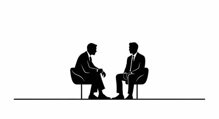 Two silhouetted men in suits sit facing each other in chairs, engaged in a discussion or meeting