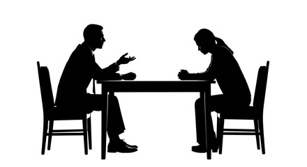 Two people in silhouette sitting at a table. Man talks and gestures, woman looks down, somber mood