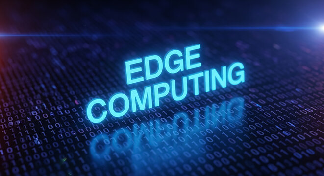 Edge computing concept glowing over binary code background
