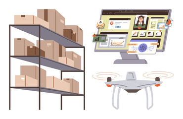 Shelves with boxes, flying quadcopter, and computer screen displaying online inventory tracking. Ideal for logistics, shipping, Quadcopter tech, warehouse automation, e-commerce, supply chain