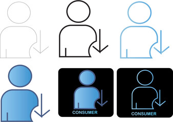 Set of minimalist flat icons representing downward trend in consumer behavior and price reduction, suitable for economic or business concepts