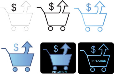 Minimalist flat icon set visualizing inflation and rising consumer prices, featuring a shopping cart with an upward dollar arrow, symbolizing increased costs and economic pressure