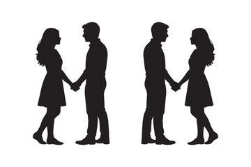 Black vector silhouettes of a group of people including men, women, and children walking as a crowd