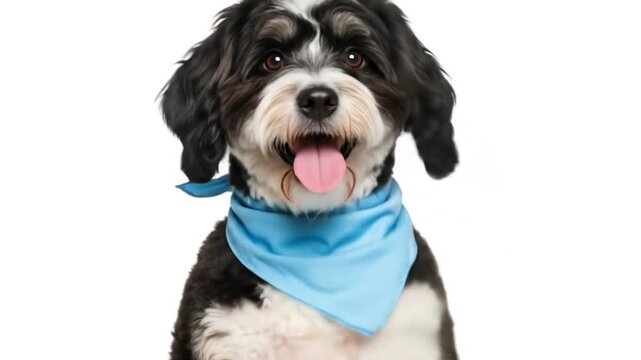 Adorable Havapoo Dog Waving and Posing with Blue Bandana on White Background Series
