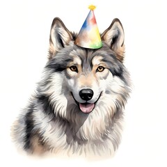 Happy wolf wearing a colorful party hat
