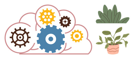 Colorful gears blend into a cloud with green plants nearby, symbolizing innovation, cloud computing, teamwork, and eco-friendliness. Ideal for growth, collaboration, tech, sustainability nature