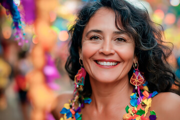 Fototapeta premium 50-year-old mature woman smiling happily during carnival, surrounded by colorful decorations and bright lights. Generative AI