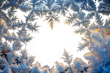 Frosty pine branches create a winter frame against a bright white sky isolated on transparent background