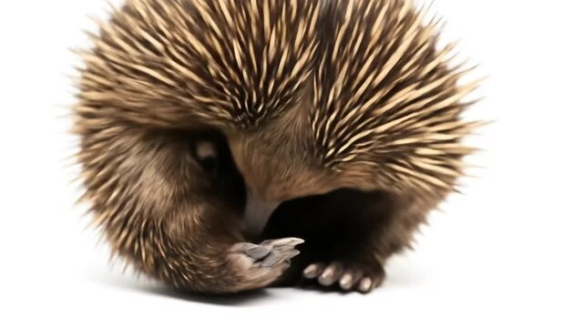 Captivating close-up of an echidna rolling into a ball on a white background, unique animal