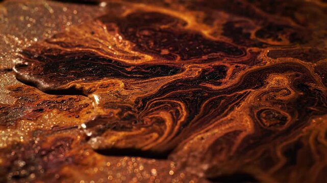 Hypnotic abstract animation depicting fluid, shimmering metallic rust patterns mimicking the organic corrosion found on vintage industrial machinery futuristic, organic movement, overlay