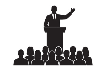 Silhouette of a speaker addressing an audience from a podium isolated on white background silhouette
