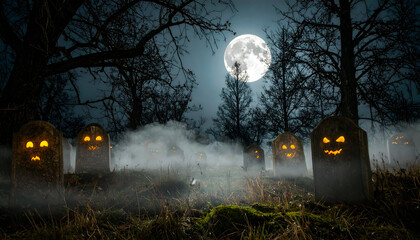 Eerie Graveyard Scene at Night with Fog and Glowing Pumpkin Headstones Under Full Moon Light