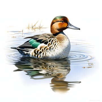 A male eurasian teal gracefully floats on a calm body of water, its reflection mirrored perfectly below