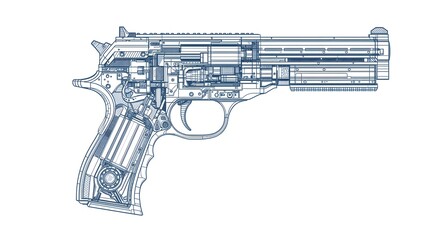 Detailed mechanical gun clipart showing technical parts and structure, clean vector lines