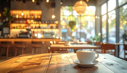 Warm Morning Sun Lights Up A Cozy Coffee Shop Interior With A Cup Of Coffee On A Wooden Table