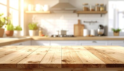 Warm sunlit kitchen interior with wooden table foreground and blurred background showing countertop stove and cabinets bright natural light streaming through window.