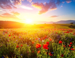 Bright, idyllic scene of a wildflower meadow bathed in golden sunlight