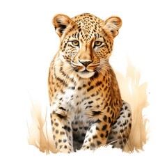 Obraz premium Young leopard sitting in tall grass, wildlife portrait