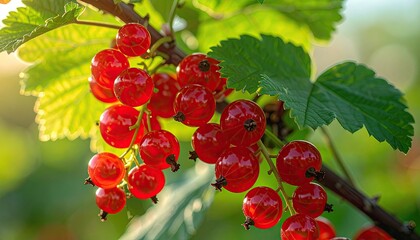 Vibrant Red Currants Ripening on a Branch Bathed in Golden Sunlight with Green Leaves Blurred Background