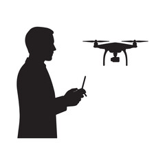 Man operating a drone with a remote control in a simple silhouette style