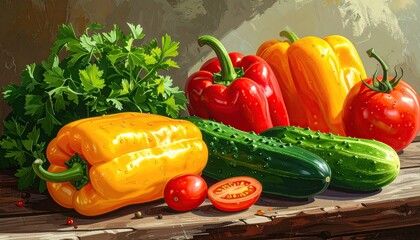 Vibrant Red Tomatoes and Fresh Green Cucumbers with Yellow Bell Peppers on a Wooden Surface with Parsley Sprigs in Bright Studio Lighting