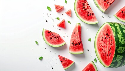 Vibrant Slices of Fresh Watermelon Scattered Across a Clean White Surface with Dark Seeds and Green Mint Leaves