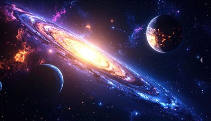 Vibrant Spiral Galaxy with Glowing Core and Distant Planets in Cosmic Nebula