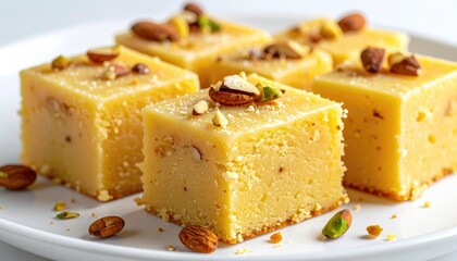 Vietnamese Sweet Corn Pudding Che Bap Served in Glass Bowls Topped with Creamy Coconut Milk and Garnished with Almonds and Pistachios in Daylight Flat Lay Arrangement