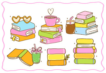 Cute Pastel Bookish Reading Lover Element Set, Groovy Book Stack with iced coffee, green matcha and heart glasses hand drawn cartoon design
