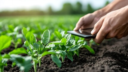 Farmer using tablet examining crops growing in cultivated field