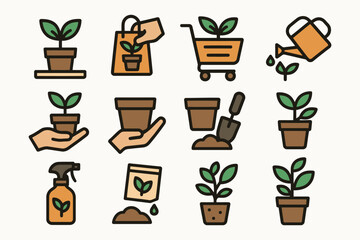 Collection of simple cartoon icons representing gardening and planting activities