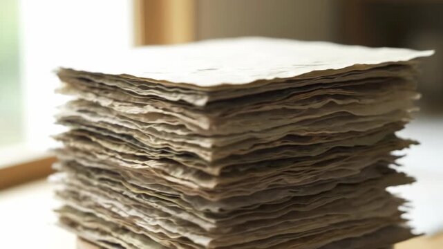 A meticulously arranged stack of diverse handmade paper sheets with distinct rough textures and varying natural hues, gently rotating under soft, natural daylight flat lay, surface, design resource