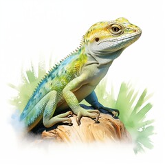 Fototapeta premium Vibrant green lizard perched on a rock, surrounded by lush greenery